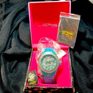 Ed Hardy Ladies Wristwatch w/Swarovski Parts & Turquoise Silicone Wristband, NIB